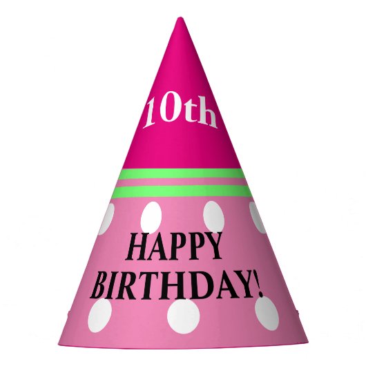 楽しい女の子の誕生日 ピンク 緑 白 ポルカドット パーティーハット (正面)