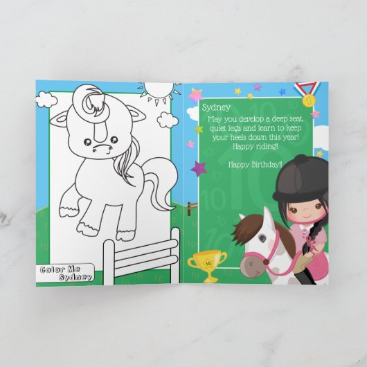 楽しい女の子の馬のぬりえページ 誕生日 カード (内部)