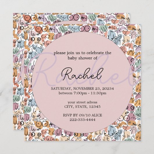 楽しい女性ベビーシャワー 招待状 (正面/裏面)