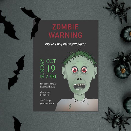 楽しい子供たちの緑、黒、赤のゾンビハロウィンパーティー 招待状