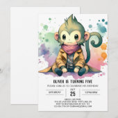 楽しい子供の猿の誕生日 招待状 (正面/裏面)