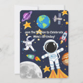 楽しい宇宙の宇宙飛行士、かわいい子供の1歳の誕生日 招待状 (裏面)