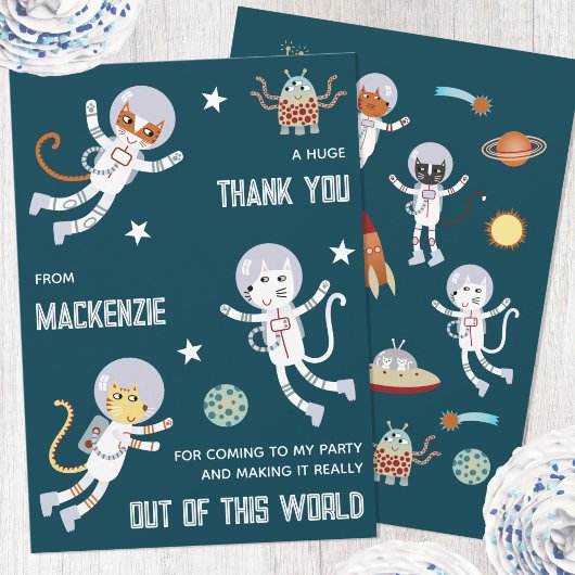 楽しい宇宙ネコの子供の誕生日パーティーのお礼 サンキューカード