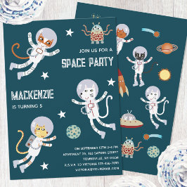 楽しい宇宙ネコの子供の誕生日パーティーの招待状 招待状