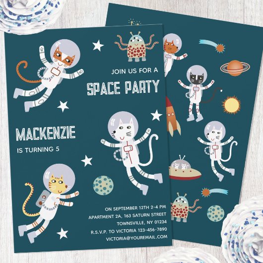楽しい宇宙ネコの子供の誕生日パーティーの招待状 招待状