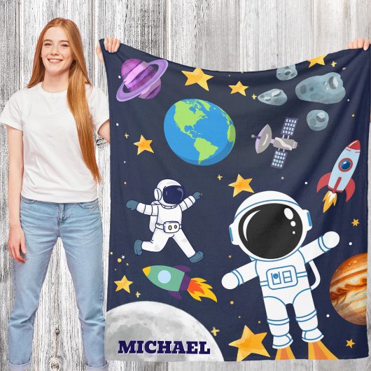 楽しい宇宙宇宙飛行士、かわいい子供の最初の誕生日 フリースブランケット