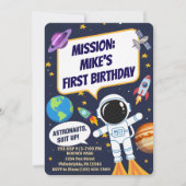楽しい宇宙飛行士、かわいい子供の初誕生日 招待状 (正面)