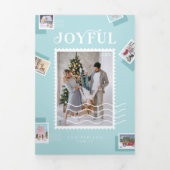 楽しい家族の写真を使った、遊び心あふれる切手のデザインのコラージュ 三つ折りクリスマスカード (カバー)