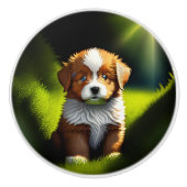 楽しい小さな茶色と白い子犬 セラミックノブ (正面)