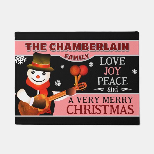 楽しい帽子とマフラーの雪だるま | ブラッククリスマス ドアマット (正面)