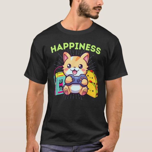 楽しい幸せゲーム猫タコスと80年代ゲーマー Tシャツ (正面)