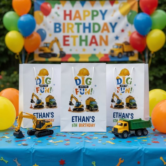 楽しい建設業の誕生日をお掘り下げて ミディアムペーパーバッグ