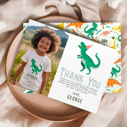 楽しい恐竜のロアーサム フォト バースデー サンキューカード