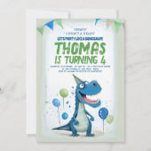楽しい恐竜の青と緑の誕生日 招待状 (正面)
