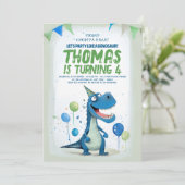 楽しい恐竜の青と緑の誕生日 招待状 (スタンド正面)