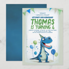 楽しい恐竜の青と緑の誕生日 招待状