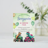 楽しい恐竜トラクターの風船 バースデー ポストカード (スタンド正面)