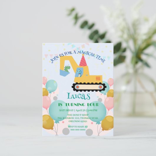 楽しい恐竜トラクター誕生日パーティーDIY名前 ポストカード (スタンド正面)