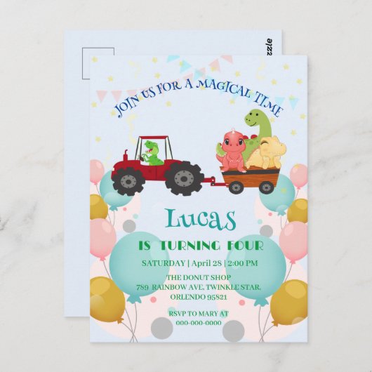 楽しい恐竜トラクター誕生日パーティーDIY名前 ポストカード (正面/裏面)