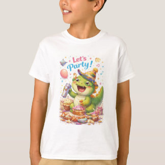 楽しい恐竜Tシャツ「パーティしよう」 - かわいい恐竜デザイン Tシャツ
