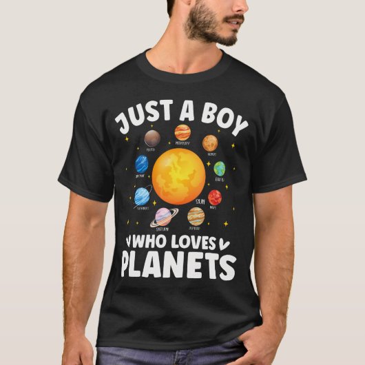 楽しい惑星好きな少年 太陽系 星系 Tシャツ (正面)