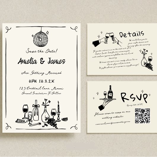 楽しい手描きのSave the date風変わりな結婚式 招待状