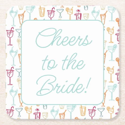 楽しい手描きカクテルパターン ブライダルシャワー スクエアペーパーコースター (正面)