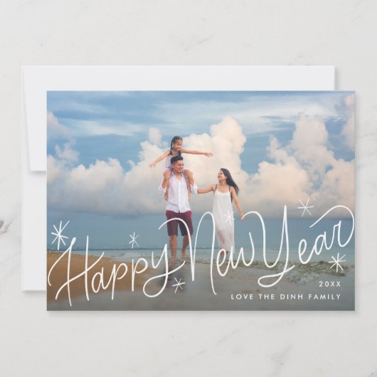 楽しい手書きの「新年おめでとう」写真 シーズンカード (正面)