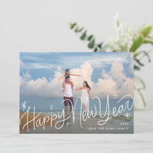 楽しい手書きの「新年おめでとう」写真 シーズンカード (スタンド正面)