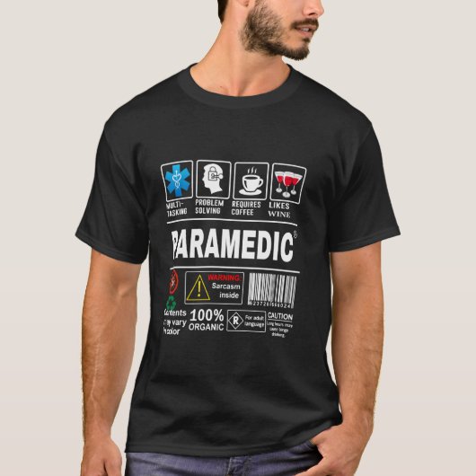 楽しい救急隊員警告ラベル スキル コーヒー ワイン S Tシャツ (正面)