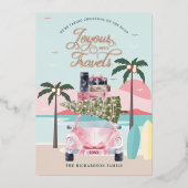 楽しい旅行トロピカルロードトリップピンクレトロ車 箔シーズンカード (正面)
