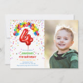 楽しい明るいコンフェッティ風船写真4歳誕生日 招待状 (正面)