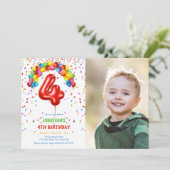 楽しい明るいコンフェッティ風船写真4歳誕生日 招待状 (スタンド正面)
