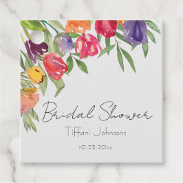 楽しい明るいチューリップとグリーンのブライダルシャワー フェイバータグ