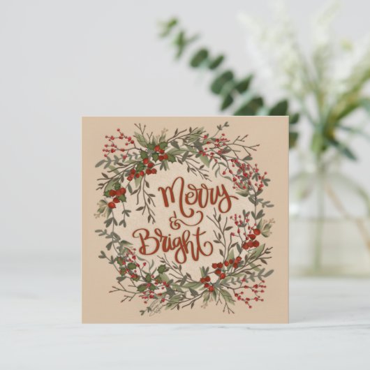 楽しい明るい花のシンプルなリースのホリデー シーズンカード (スタンド正面)