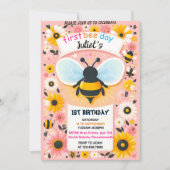 楽しい春のデイジーイエロー最初の1番目のハチの日誕生日 招待状 (正面)