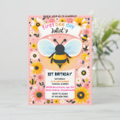 楽しい春のデイジーイエロー最初の1番目のハチの日誕生日 招待状 (スタンド正面)