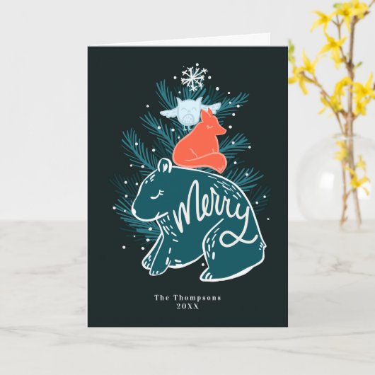 楽しい森林の動物のクリスマスカード カード (黄色い花)