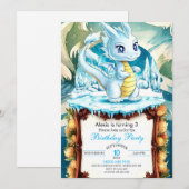 楽しい水彩ドラゴンの誕生日 招待状 (正面/裏面)