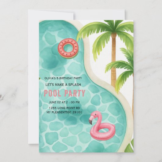 楽しい水遊びパーティーでお誕生日をお祝いしよう！子供の誕生日 招待状 (正面)