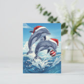楽しい海洋のイルカとサンタ帽のクリスマス休暇 シーズンポストカード (スタンド正面)