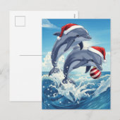 楽しい海洋のイルカとサンタ帽のクリスマス休暇 シーズンポストカード (正面/裏面)