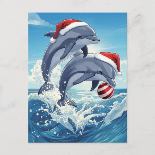 楽しい海洋のイルカとサンタ帽のクリスマス休暇 シーズンポストカード (正面)