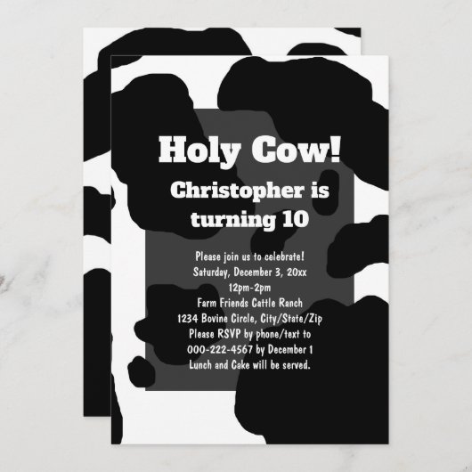 楽しい牛柄カスタマイズ誕生日「ホーリーコウ」子供の誕生日 招待状 (正面/裏面)