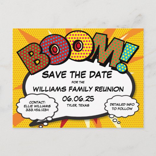 楽しい現代の家族再会パーティーの日程を保存しよう 案内ポストカード (正面)