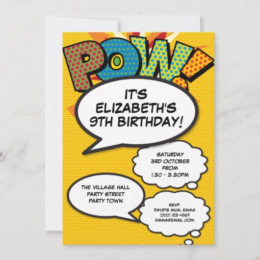 楽しい現代的な誕生日パーティー あらゆる年齢対応 POW 招待状 (正面)