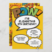 楽しい現代的な誕生日パーティー あらゆる年齢対応 POW 招待状 (正面/裏面)