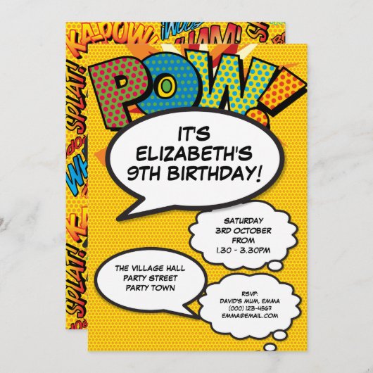 楽しい現代的な誕生日パーティー あらゆる年齢対応 POW 招待状 (正面/裏面)