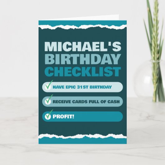 楽しい男性の名前の青チェックリストの利益 誕生日 カード (正面)