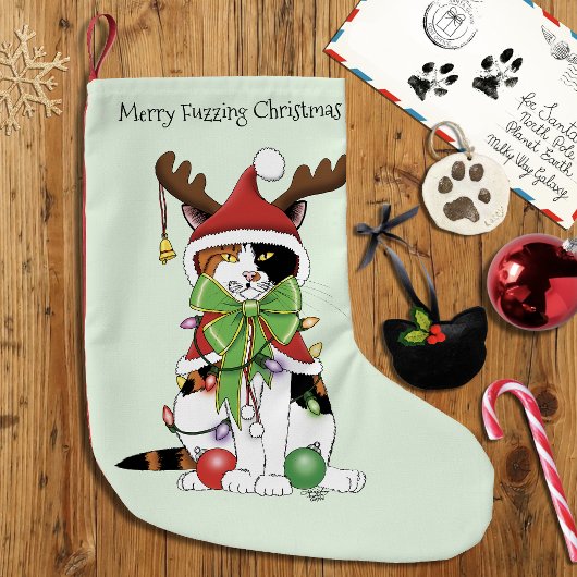 楽しい祭りの緑の三毛猫のクリスマス スモールクリスマスストッキング